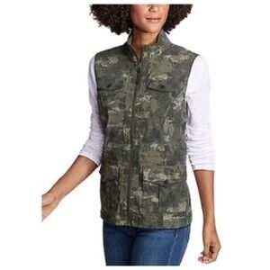Eddie Bauer Womens M Travex Vest Green Camo Stretch Pocket Travel Hike Camp
